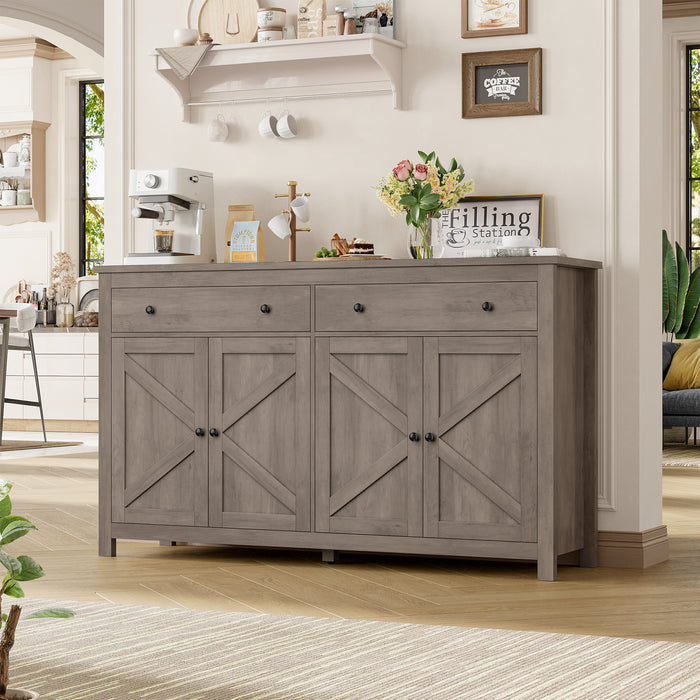 Homfa Farmhouse Kitchen Sideboard, 4-Doors 2-Drawers Wood Buffet Cabinet with Adjustable Shelves, Gray