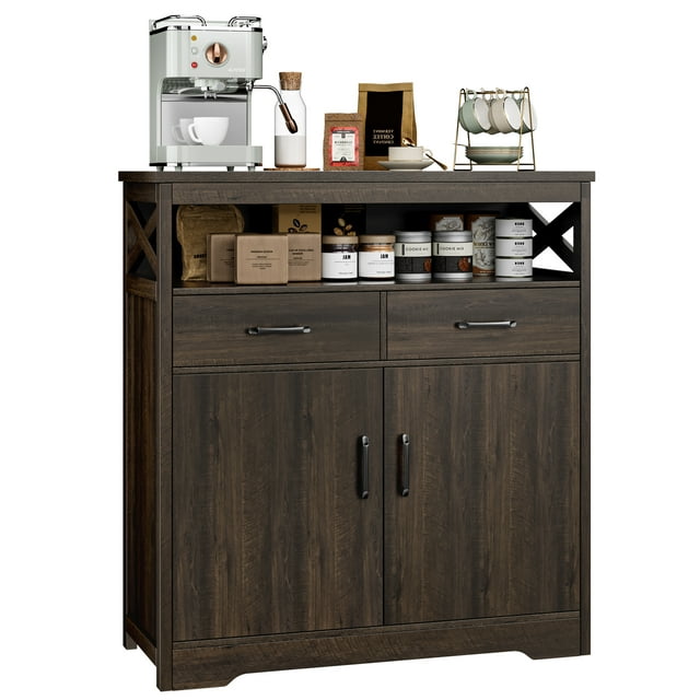 Homfa Farmhouse Storage Cabinet with Hutch, Wood Buffet Cabinet with Drawers and Doors for Kitchen Dining Room, Dark Brown Finish