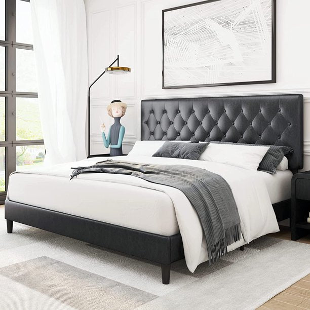 Homfa Faux Leather Upholstered Platform Bed Frame with Adjustable Diamond Button Tufted Headboard, Wooden Slats Support, Mattress Foundation, No Box Spring Needed, Easy Assembly, King Size, Black