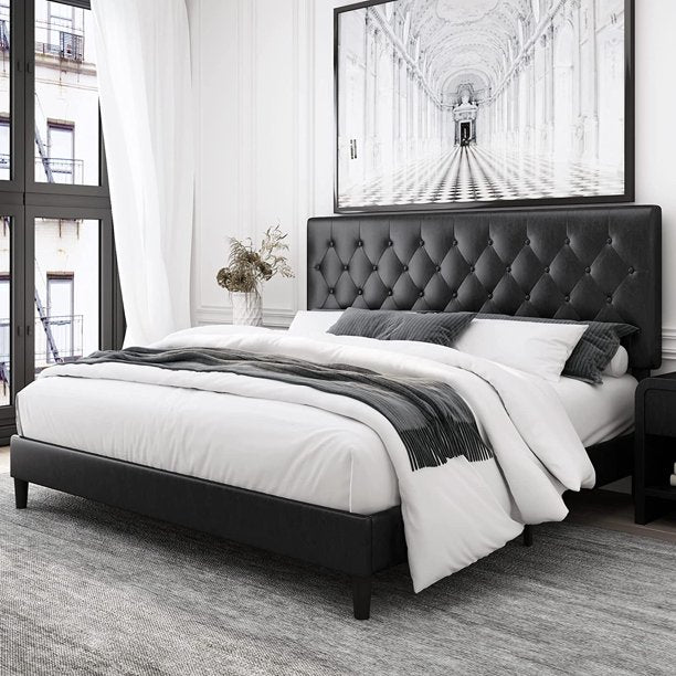 Homfa Faux Leather Upholstered Platform Bed Frame with Adjustable Diamond Button Tufted Headboard, Wooden Slats Support, Mattress Foundation, No Box Spring Needed, Easy Assembly, Queen Size, Black