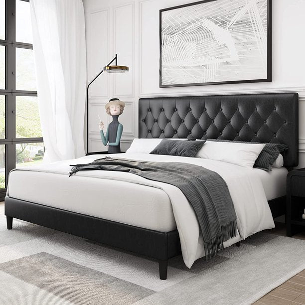 Homfa Faux Leather Upholstered Platform Bed Frame with Adjustable Diamond Button Tufted Headboard, Wooden Slats Support, Mattress Foundation, No Box Spring Needed, Easy Assembly, Full Size, Black