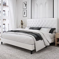 Homfa Faux Leather Upholstered Platform Bed Frame with Adjustable Diamond Button Tufted Headboard, Wooden Slats Support, Mattress Foundation, No Box Spring Needed, Easy Assembly, Full Size, White
