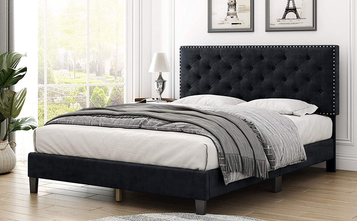 Homfa Full Bed Frame, Modern Upholstered Platform Bed with Headboard, Heavy Duty Bed Frame with Wood Slat Support, No Box Spring Required, Easy Assembly (Full, Black)