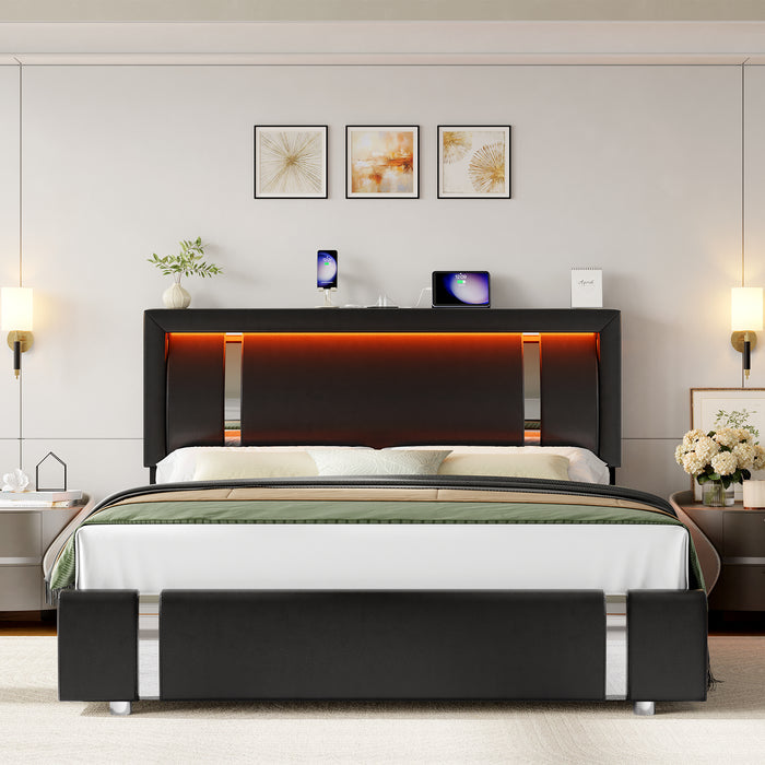Homfa Full Bed Frame with LED Headboard & Charge Station & 2 Storage Drawers, Black