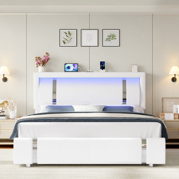 Homfa Full Bed Frame with LED Headboard & Charge Station & 2 Storage Drawers, White