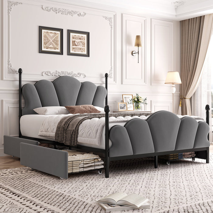 Homfa Full Size 4 Drawer Bed Frame, Heavy Duty Metal Platform Bed with Adjustable Velvet Upholstered Headboard, Dark Gray