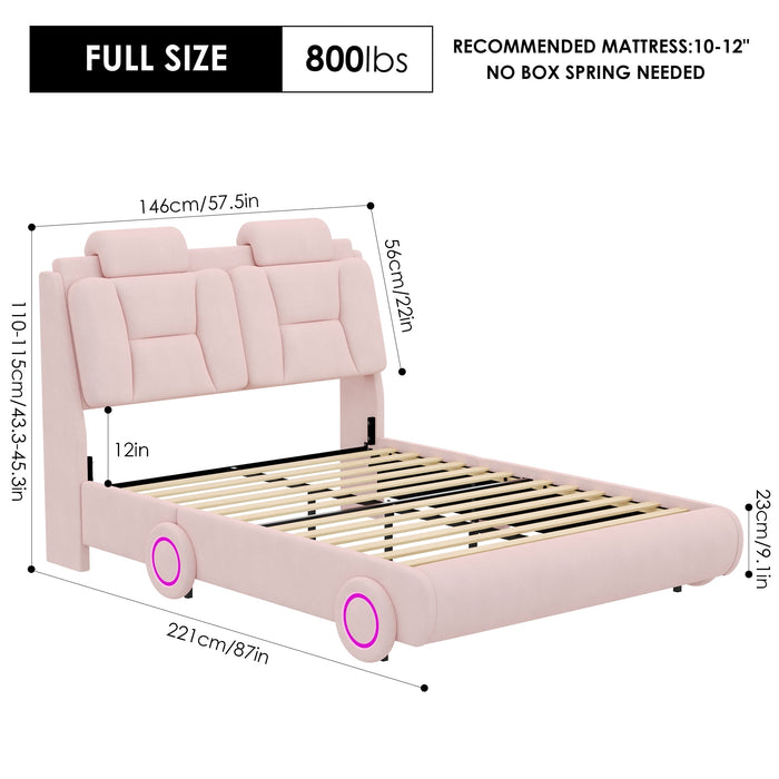 Homfa Full Size Car Bed Frame with LED Wheels, Velvet Upholstered Platform Bed with Adjustable Headboard and Removable Pillows, Pink