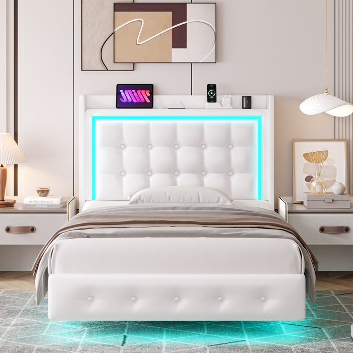 Homfa Full Size Floating Bed with LED Lights & Charging Station, Modern PU Leather Upholstered Platform Bed Frame Bed with Storage Headboard, White