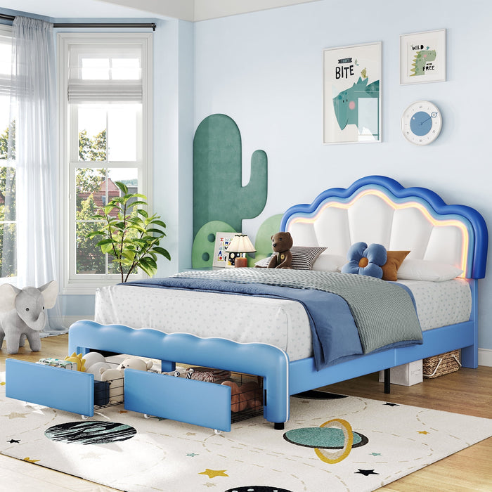 Homfa Full Size LED Bed Frame with Drawer, PU Leather Upholstered Platform Bed with Adjustable Petal Headboard for Kid, Blue