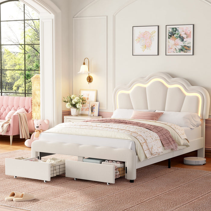 Homfa Full Size LED Bed Frame with Drawer, Velvet Upholstered Platform Bed with Adjustable Petal Headboard for Kid, Beige