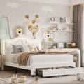 Homfa Full Size LED Bed Frame with Storage Drawers, PU Leather Crown Platform Bed with Crystal Tufted Upholstered Adjustable Headboard, White
