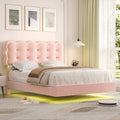 Homfa Full Size LED Floating Bed with USB Charging Ports, Velvet Button Tufted Upholstered Platform Bed Frame, Pink