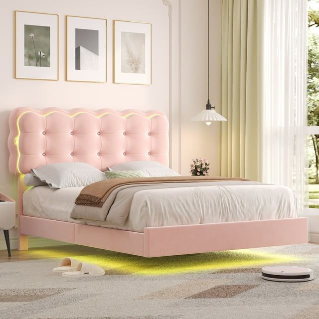 Homfa Full Size LED Floating Bed with USB Charging Ports, Velvet Button Tufted Upholstered Platform Bed Frame, Pink