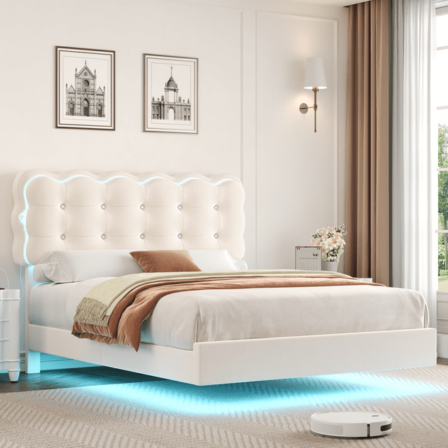 Homfa Full Size LED Floating Bed with USB Charging Ports, Velvet Button Tufted Upholstered Platform Bed Frame, White