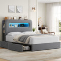 Homfa Full Size Linen Upholstered Bed with LED Lights & 2 Drawers£¬ Storage Headboard Platform Bed Frame with USB Ports & Outlets, Gray