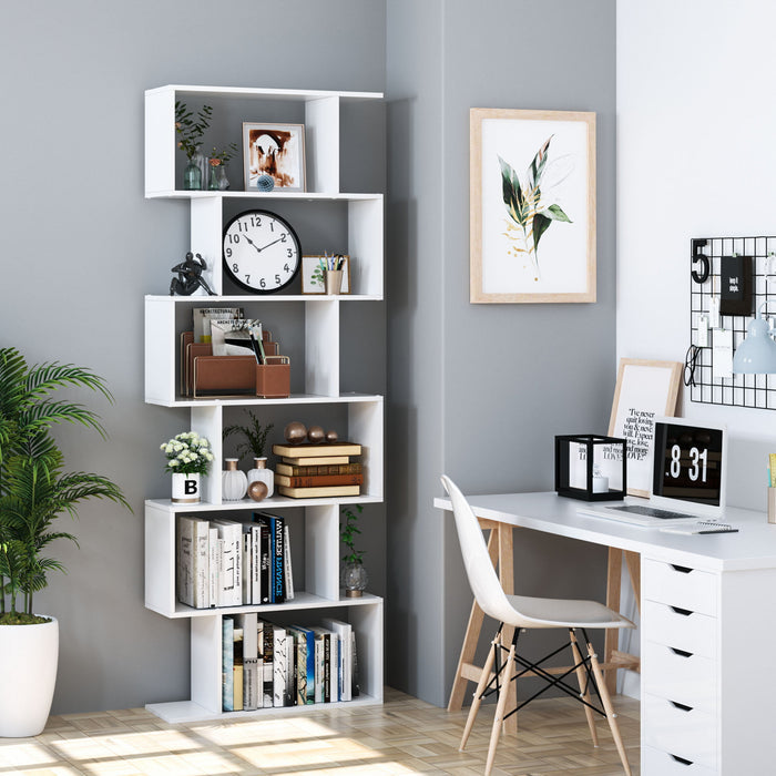 Homfa Geometric Bookcase Wooden Wood S Shape Storage Display Unit Bookcase Bookshelf 6-tier Storage, 75" H x 27.6" W, White