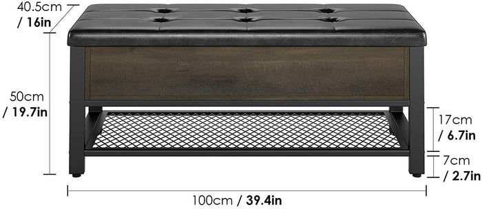 Homfa Industrial Storage Bench, Flip Top Long Shoe Bench, Bed End Stool with Leather Padded Seat and Steel Shelf, for Hallway, Foyer, Living Room, Bedroom, Dark Brown