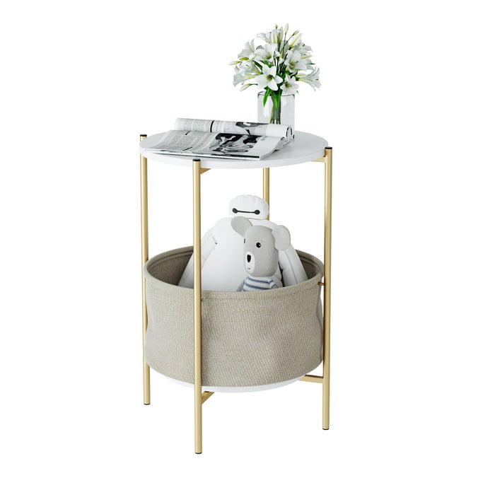 Homfa Iron Nightstand, 23.6'' Tall Round Bedside Night Stand with Storage Pocket, End Side Table for Bedroom, Living Room,White and Gold