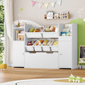 Homfa Kids Bookcase with 2 Doors and Drawer on Wheels, Toy storage Organizer with 6 Bins and Adjustable Shelves, for Kids Playroom, Nursery, White