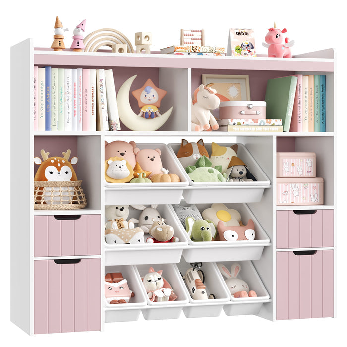Homfa Kids Bookcase with 4 Wood Drawers, Kids Toy Storage Cabinet with 4 Cubby and 8 Toy Bin for Kids Bedroom Living Room, Pink