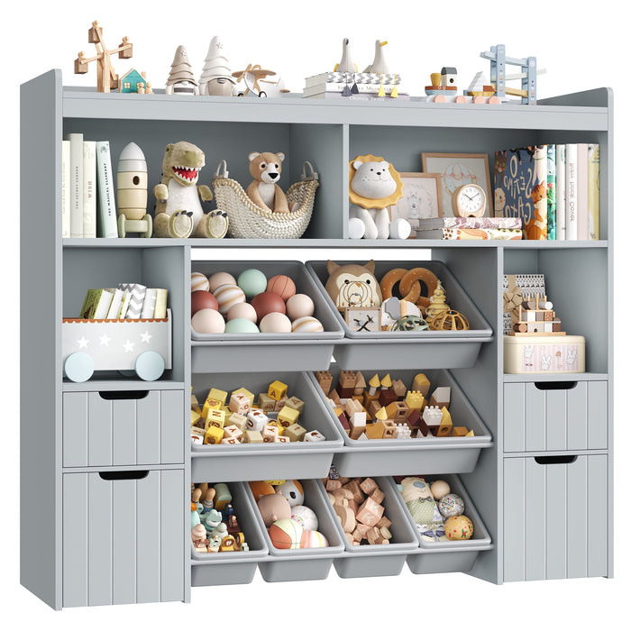 Homfa Kids Bookcase with 4 Wood Drawers, Kids Toy Storage Cabinet with 4 Cubby and 8 Toy Bin for Kids Bedroom Living Room, Gray