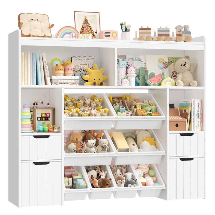 Homfa Kids Bookcase with 4 Wood Drawers, Kids Toy Storage Cabinet with 4 Cubby and 8 Toy Bin for Kids Bedroom Living Room, White