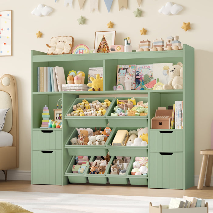 Homfa Kids Bookcase with 4 Wood Drawers, Kids Toy Storage Cabinet with 4 Cubby and 8 Toy Bin for Kids Bedroom Living Room, Green