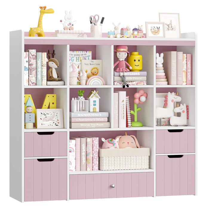 Homfa Kids Bookcase with 5 Wood Drawers, Kids Toy Storage Cabinet with 8 Cubby for Kids Bedroom Living Room, Pink