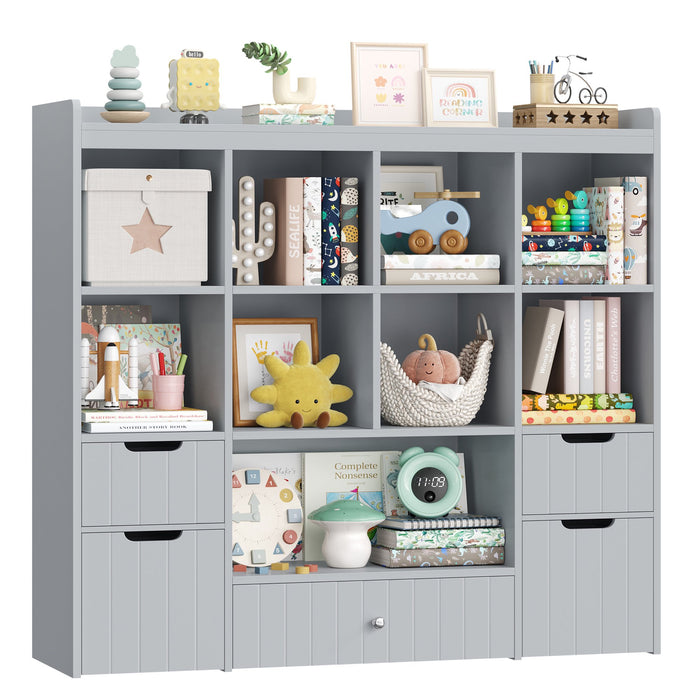 Homfa Kids Bookcase with 5 Wood Drawers, Kids Toy Storage Cabinet with 8 Cubby for Kids Bedroom Living Room, Gray