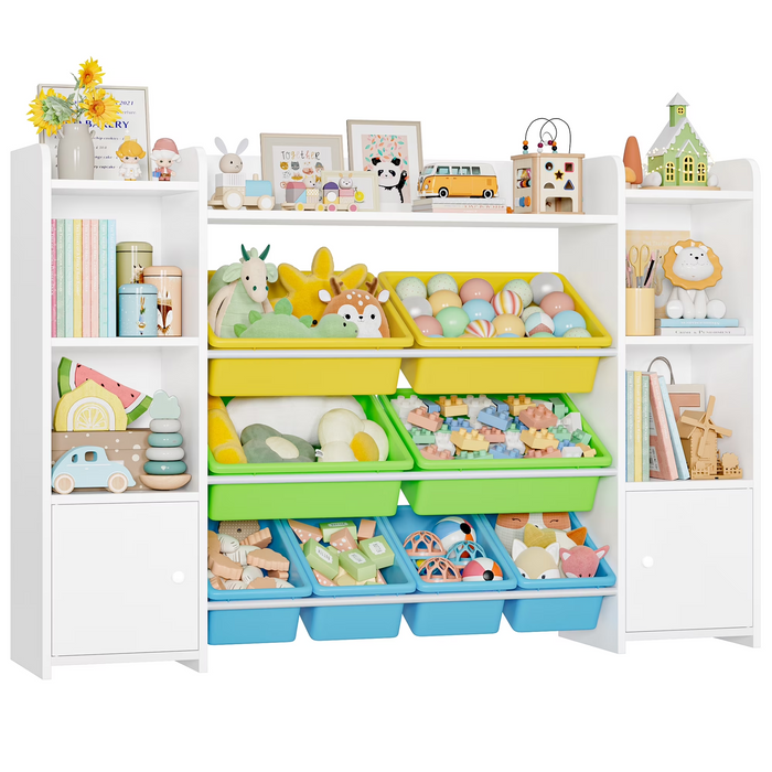 Homfa Kids Bookcase with 8 Bins, White Toy Cubby Storage Organizer Bookshelf with 2 Door for Kids Room Playroom Organization