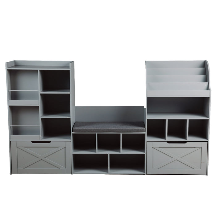 Homfa Kids Bookcase with Reading Nook, 74.61" L Kids Toy Storage Organizer with 12 Cubbies, 2 Drawers for Kids Room, Gray