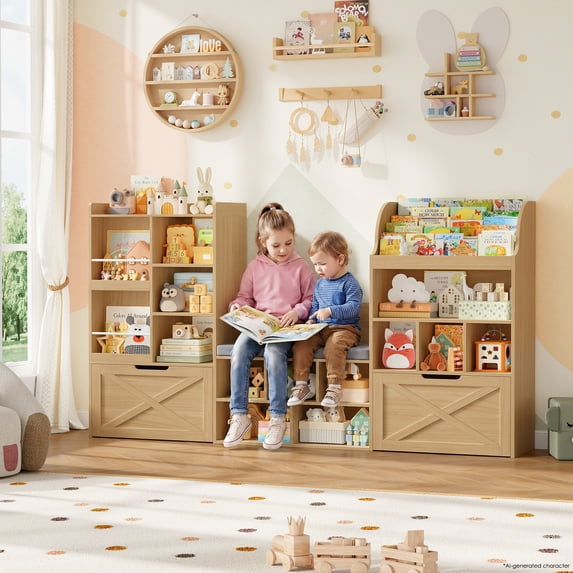 Homfa Kids Bookcase with Reading Nook, 74.61" L Kids Toy Storage Organizer with 12 Cubbies, 2 Drawers for Kids Room, Natural