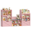 Homfa Kids Bookcase with Reading Nook, 74.61" L Kids Toy Storage Organizer with 12 Cubbies, 2 Drawers for Kids Room, Pink