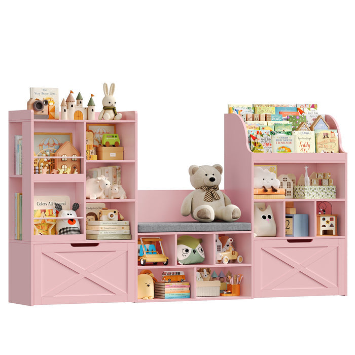 Homfa Kids Bookcase with Reading Nook, 74.61" L Kids Toy Storage Organizer with 12 Cubbies, 2 Drawers for Kids Room, Pink