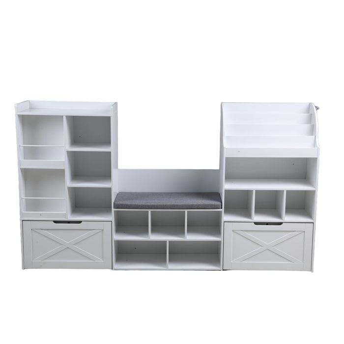Homfa Kids Bookcase with Reading Nook, 74.61" L Kids Toy Storage Organizer with 12 Cubbies, 2 Drawers for Kids Room, White