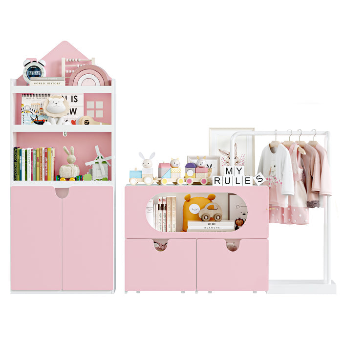 Homfa Kids Bookshelf and Toy Storage Organizer Set, Children??s Toy Storage Cubby with Clothes Rail and 2 Moveable Drawers for Playroom, Nursery, Kindergarten, Pink