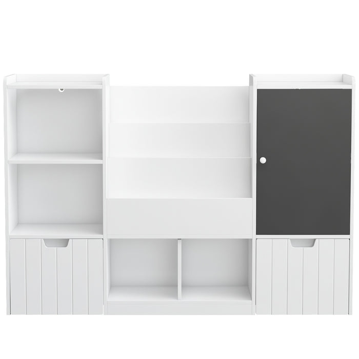 Homfa Kids Bookshelf with Blackboard, Nursery Bookcase with 4 Cubby, 3 Tier Book Rack with 2 Wood Toy Bin for Kids Room, White