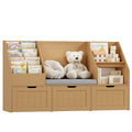 Homfa Kids Bookshelf with Reading Nook & 3 Movable Drawers, 2 Cube Bookcase with 4-Tier Book Racks, Toy Storage Organizer for Playroom Bedroom, Natural Color