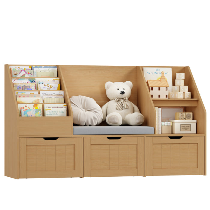 Homfa Kids Bookshelf with Reading Nook & 3 Movable Drawers, 2 Cube Bookcase with 4-Tier Book Racks, Toy Storage Organizer for Playroom Bedroom, Natural Color