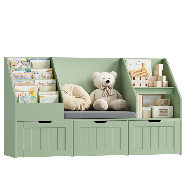 Homfa Kids Bookshelf with Reading Nook & 3 Movable Drawers, 2 Cube Bookcase with 4-Tier Book Racks, Toy Storage Organizer for Playroom Bedroom, Green