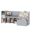 Homfa Kids Bookshelf with Reading Nook, 6 Shelf Bookcase with 1 Wood Toy Bin with 3 Tier Book Rack for Children Kidsroom, Gray
