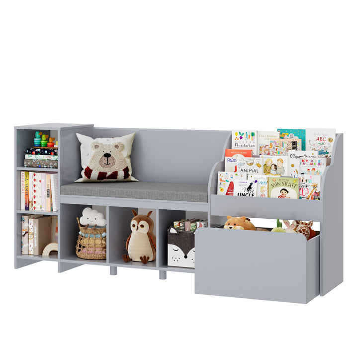 Homfa Kids Bookshelf with Reading Nook, 6 Shelf Bookcase with 1 Wood Toy Bin with 3 Tier Book Rack for Children Kidsroom, Gray