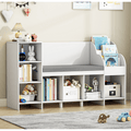 Homfa Kids Bookshelf with Reading & Seat Nook, 7 Cube Wooden Child Toy Organizer with Adjustable Shelf, 31.5'' H x 54.5'' W, White