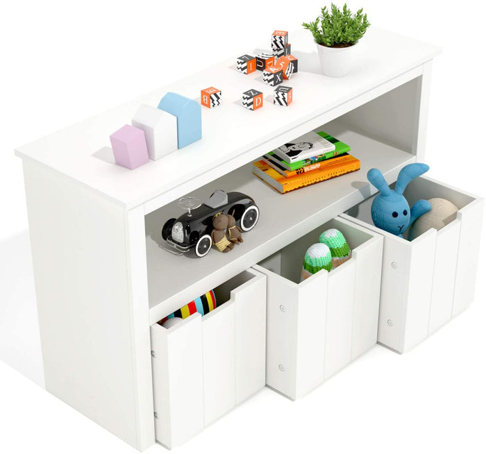 Homfa Kids Toy Storage Cabinet, Toddler's Room Chest Cabinet 3 Drawers with Wheels and Large Storage Cube Shelf for Children's Playroom, White