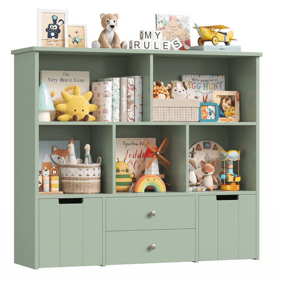 Homfa Kids Toy Storage Organizer, 5 Cubby Children Bookcase and Bookshelf with 4 Drawer on Wheels for Playroom, Green