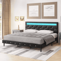 Homfa King Size LED Bed, LED Lights Upholstered Bed Frame with Adjustable Crystal Button Tufted Headboard, Black