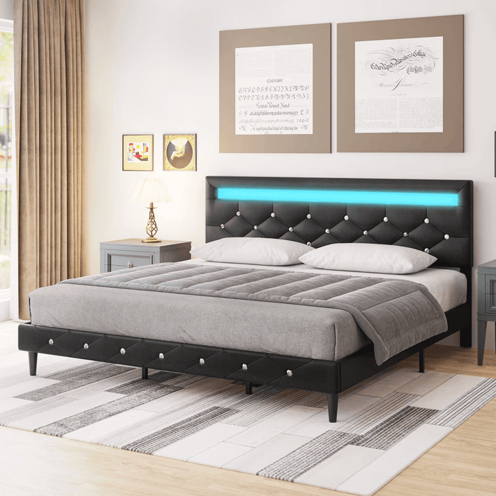 Homfa King Size LED Bed, LED Lights Upholstered Bed Frame with Adjustable Crystal Button Tufted Headboard, Black