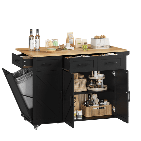 Homfa Kitchen Island with Drop Leaf & Power Outlet, Rolling Kitchen Island Cart with Storage, 2 Drawers, 2 Cabinets, Trash Bin Cabinet, Spice Rack and Locking Wheels, Black& Natural