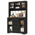 Homfa Kitchen Pantry Cabinet with Hutch & Countertop, 4 Drawers Glass Doors Storage Cabinet with Adjustable Shelves for Dining Room, Black