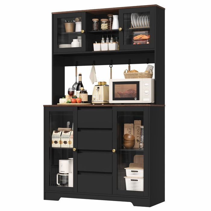 Homfa Kitchen Pantry Cabinet with Hutch & Countertop, 4 Drawers Glass Doors Storage Cabinet with Adjustable Shelves for Dining Room, Black